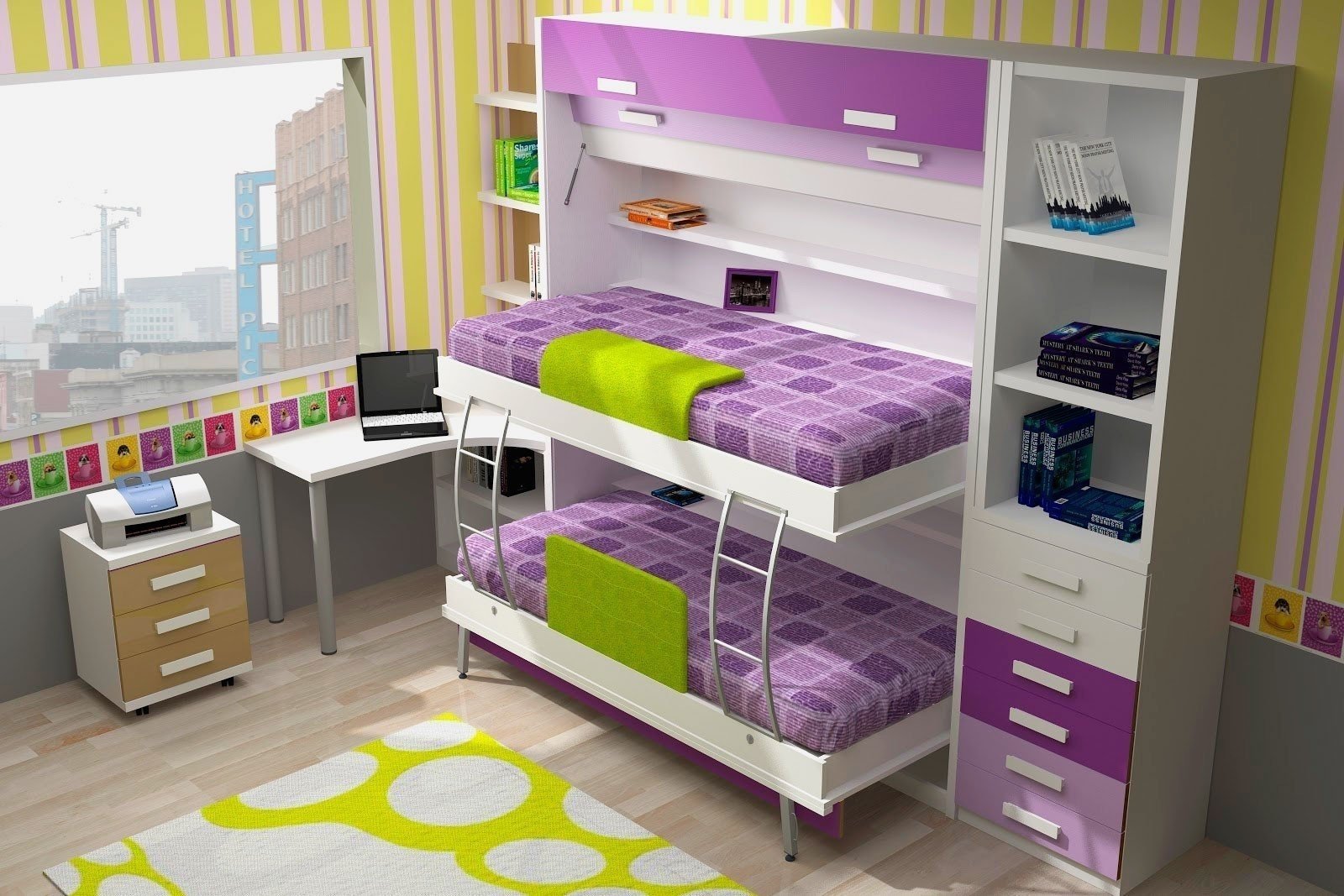 Детская кровать для двух девочек со шкафами